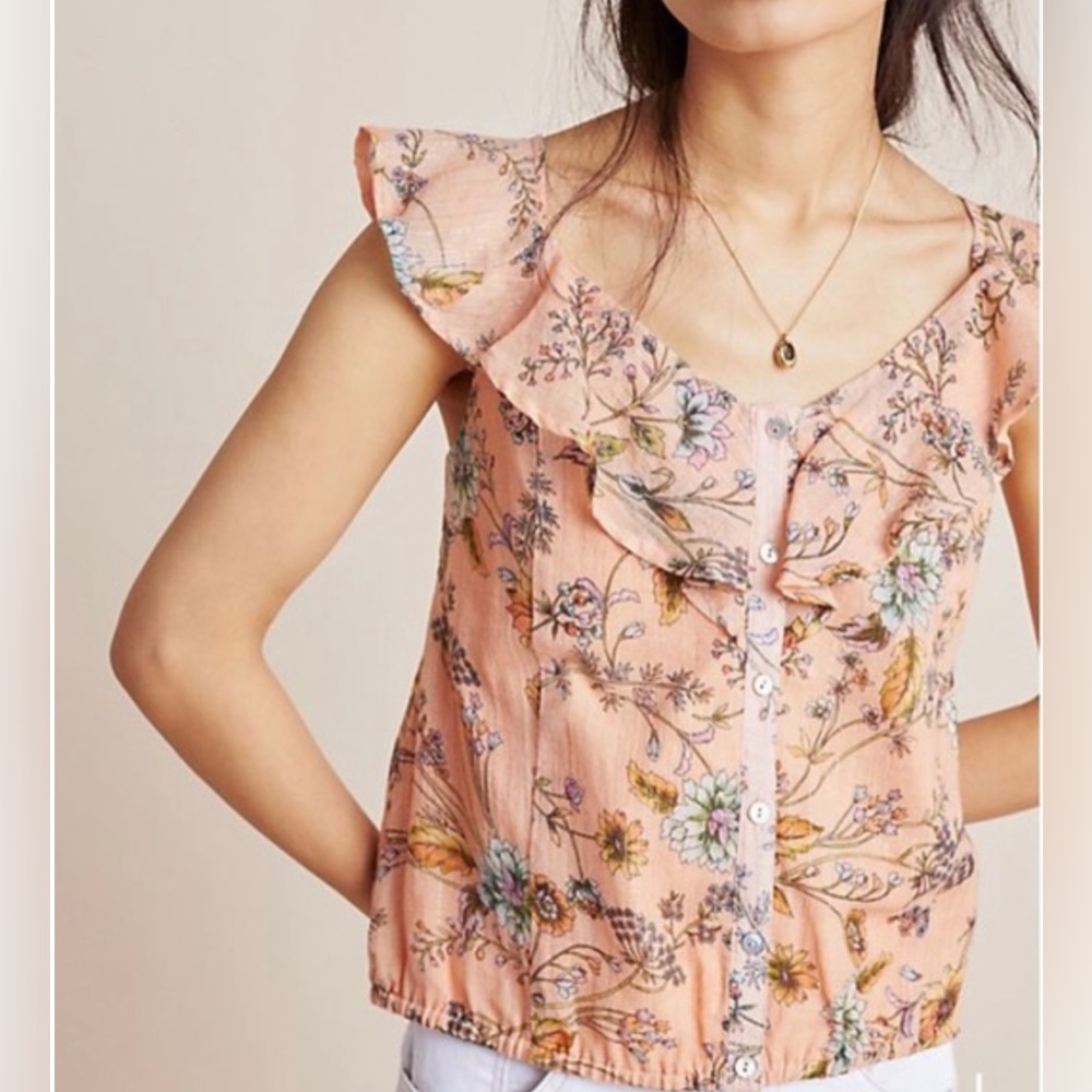 Dolan Anthropologie Peach Floral Print Button Front Top size XS
